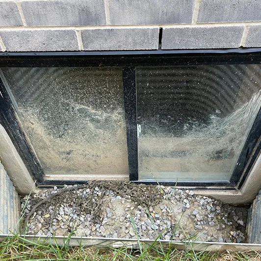 Basement window exterior clouded with dirt before cleaning